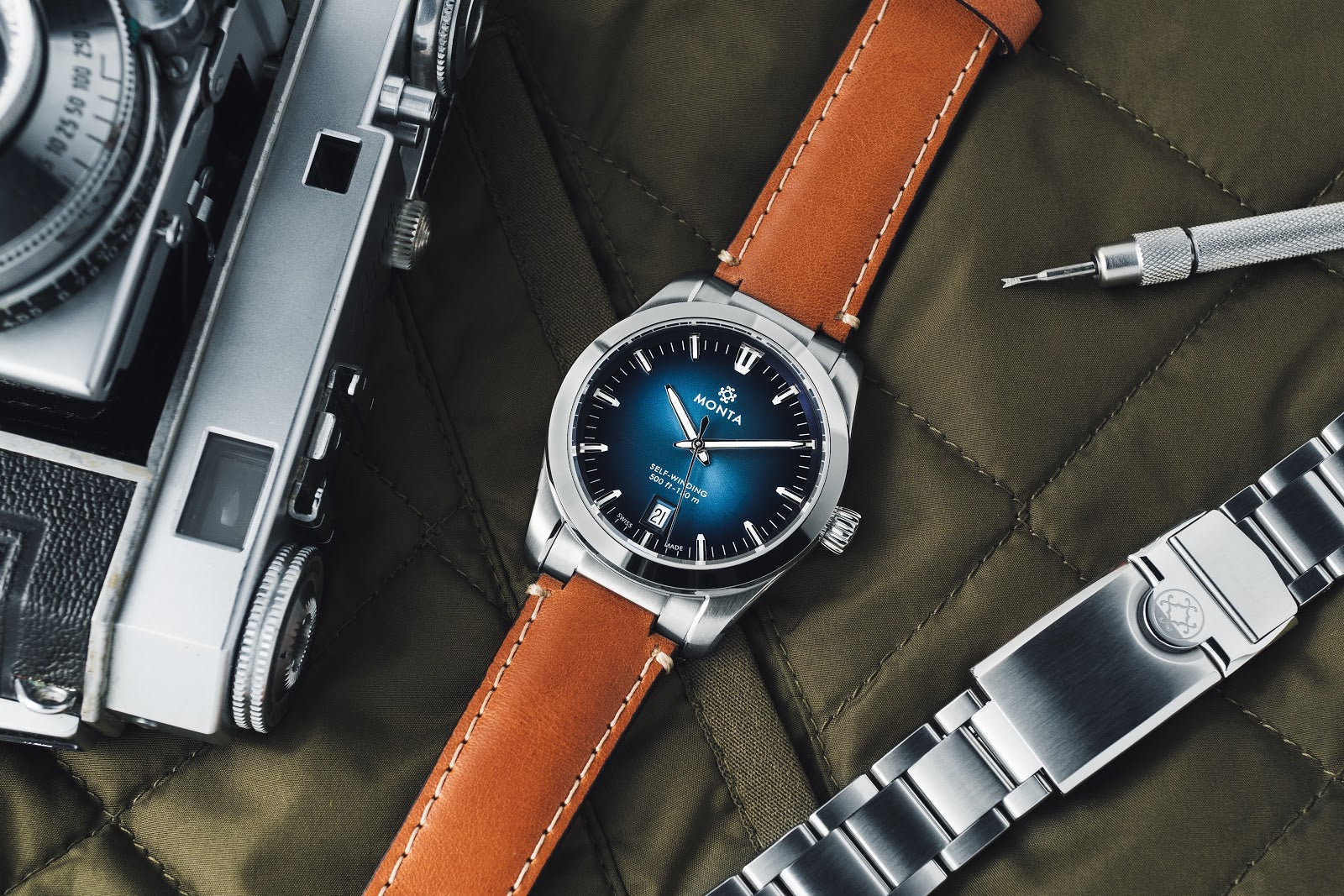 MONTA noble watch with blue dial on leather strap