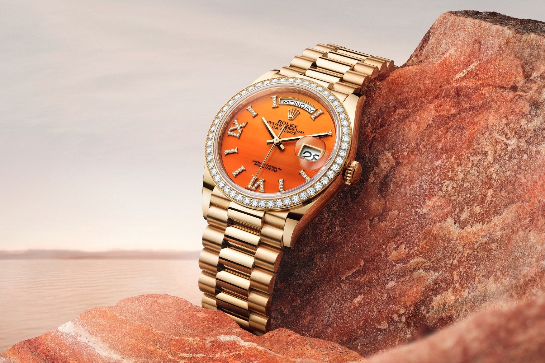 Carnelian dial Rolex Day date in yellow gold