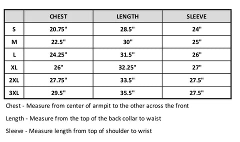 Flannel size chart image. Reader friendly version at bottom of page
