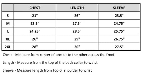 Hybrid shirt size chart image. Reader friendly version at bottom of page