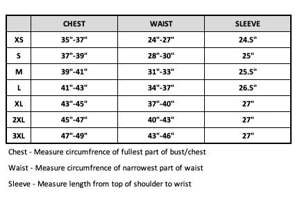 Mens performance size chart image. Reader friendly version at bottom of page