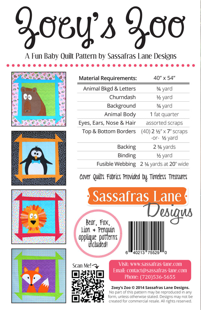 Zoey S Zoo Quilt Pattern Sassafras Lane Designs