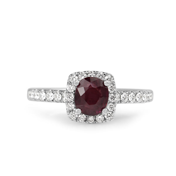 18ct White Gold Natural Ruby and Diamond Halo Ring – BURLINGTON