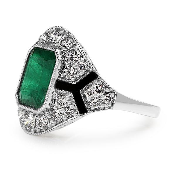 Platinum Emerald, Enamel and Diamond Deco Style Ring