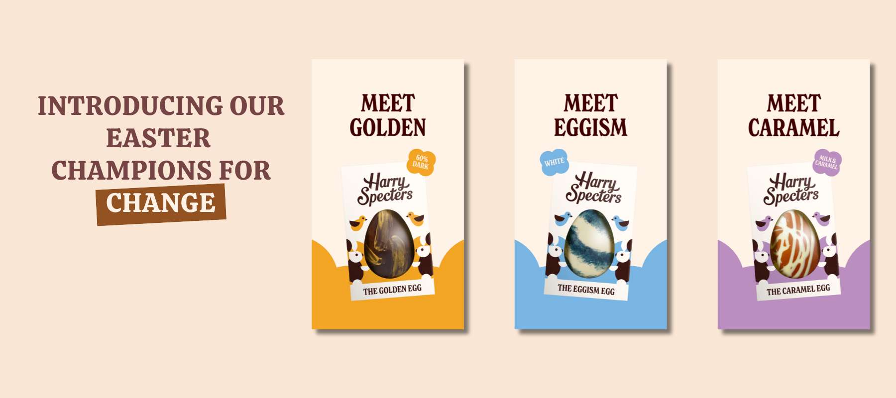 Harry Specters range of chocolate Easter eggs in colourful packaging