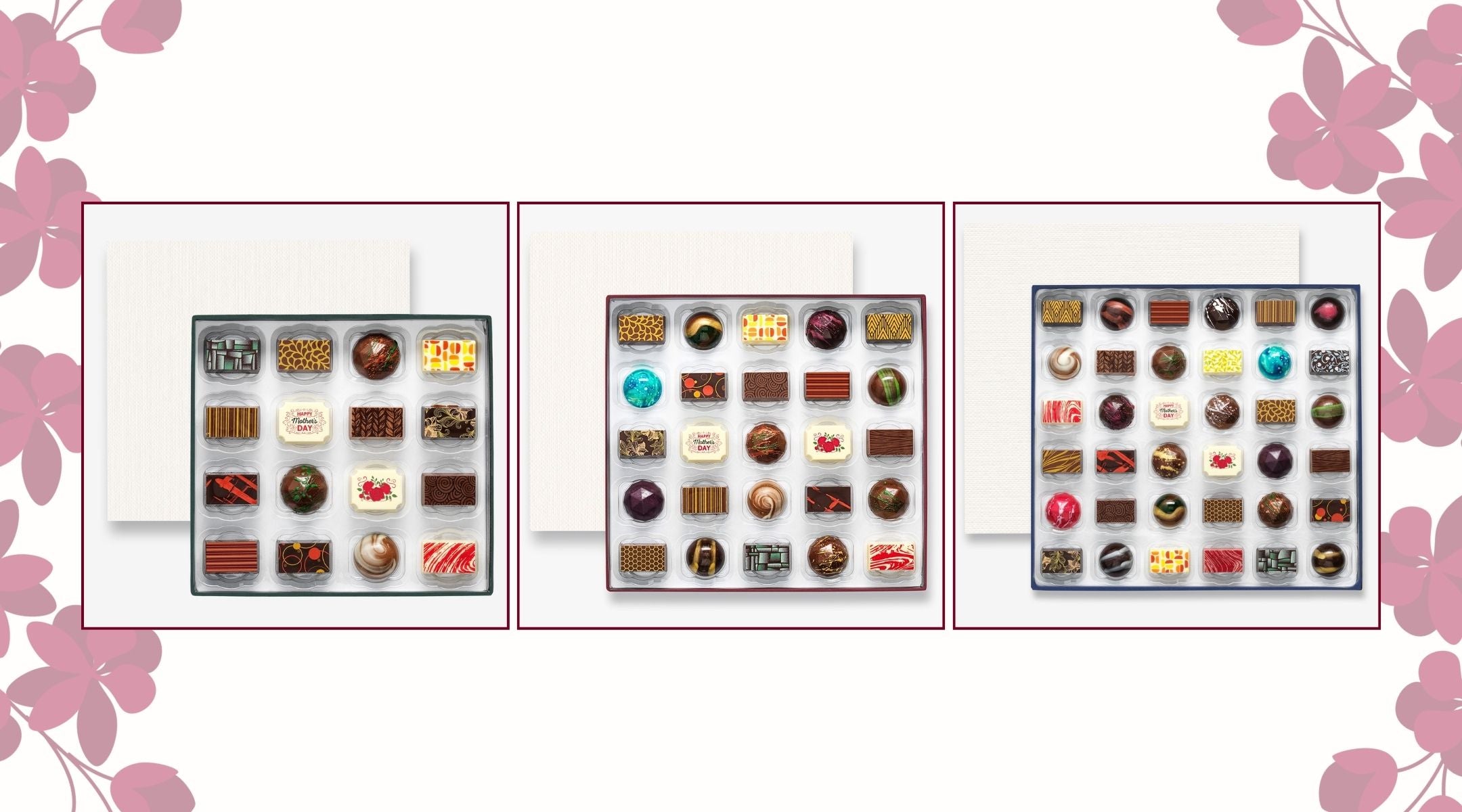 A selection of Harry Specters Mother's Day chocolates framed by graphics of flowers