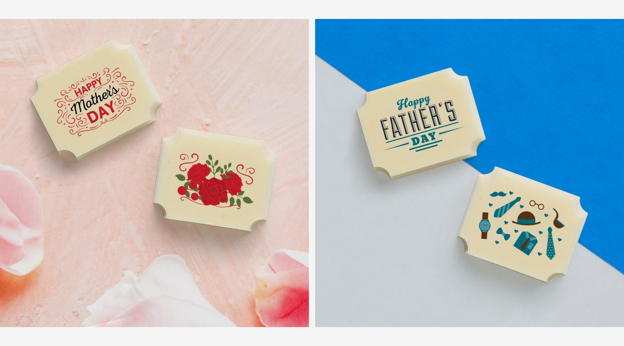 White chocolates featuring Happy Mother's Day and Happy Father's Day messages