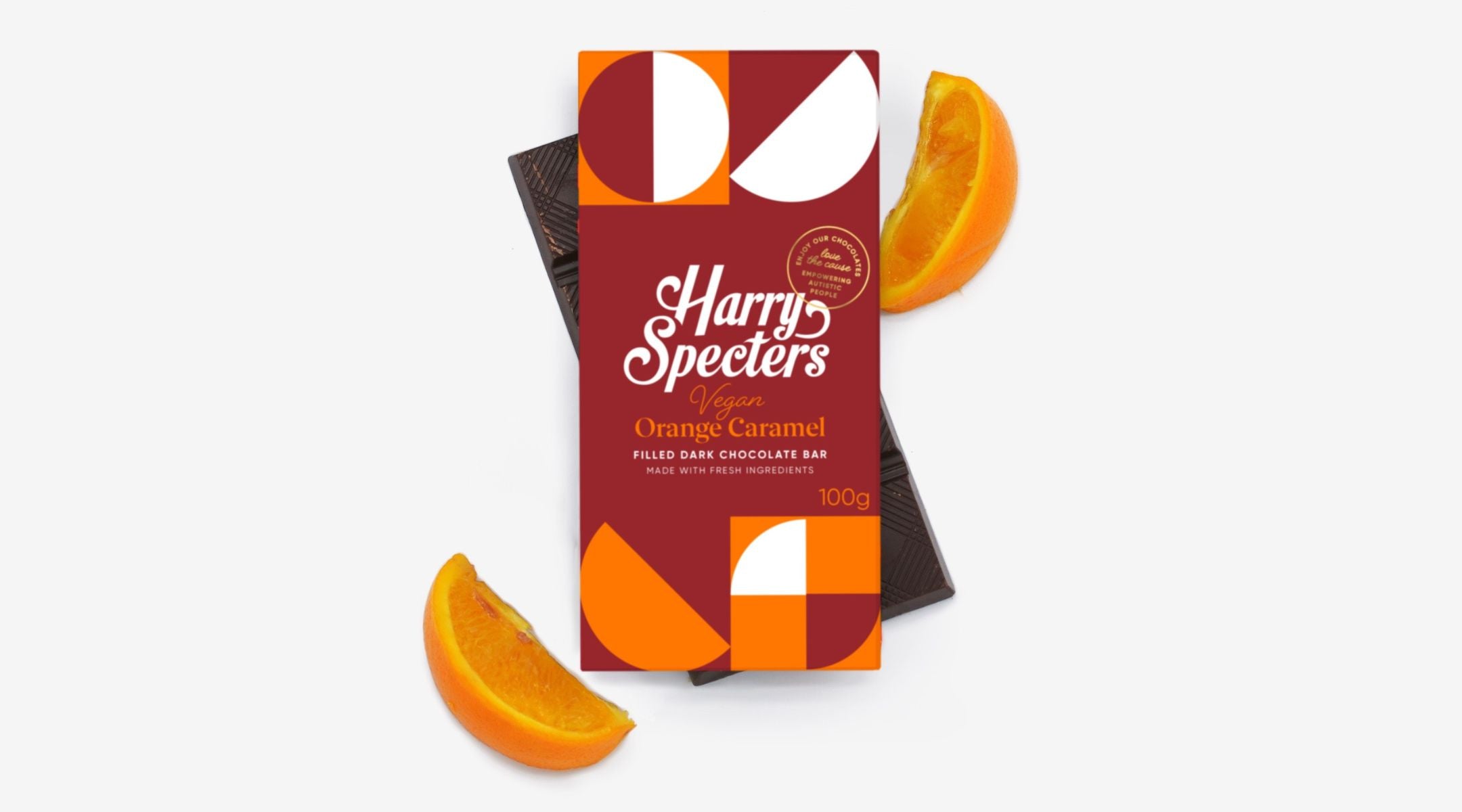 A bar of Dark Chocolate Orange Caramel with orange segments