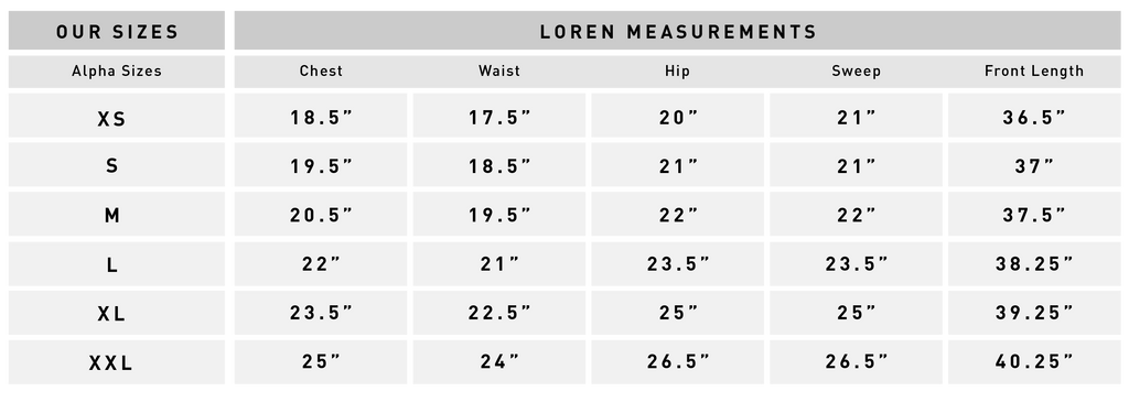 Loren Garment Measurements – Bridge & Burn