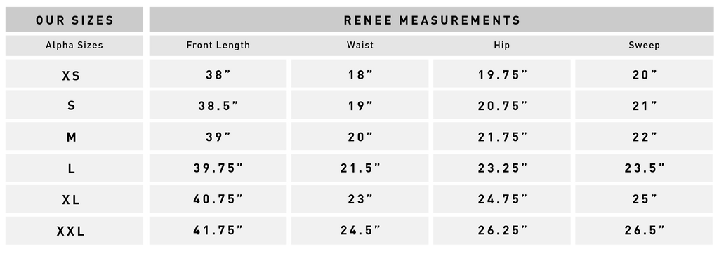 Renee Garment Measurements – Bridge & Burn