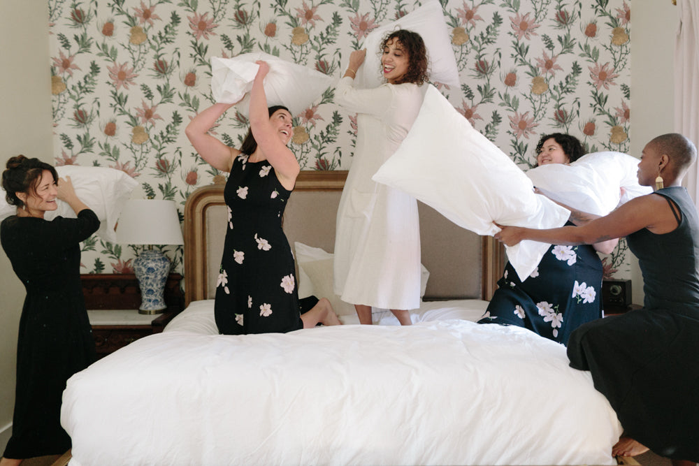 Pillow fight in field day dresses 