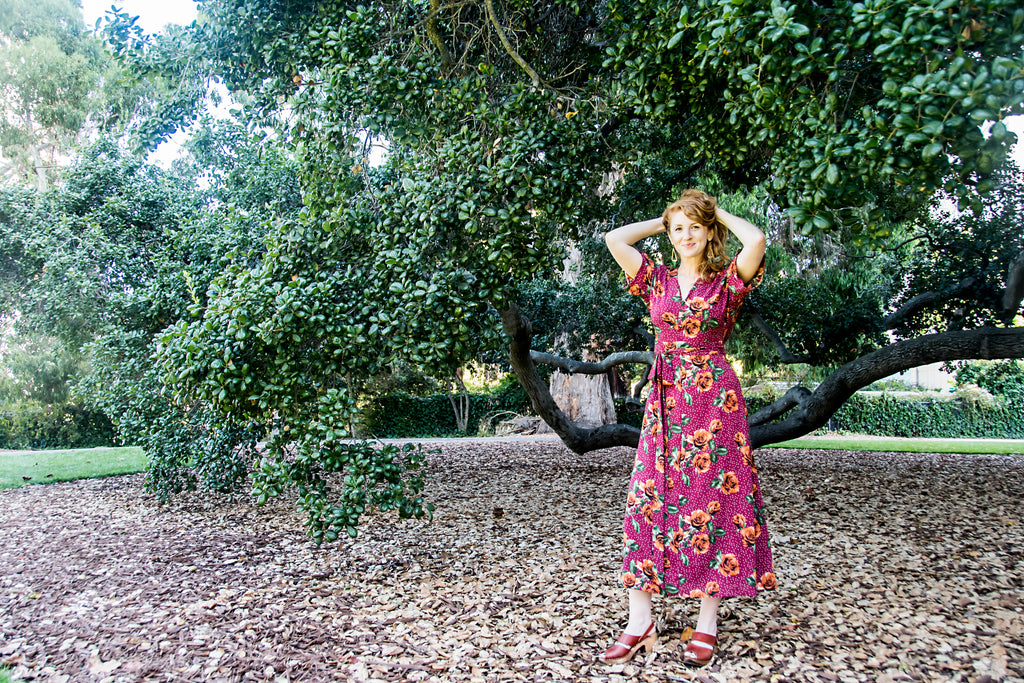 red rose wrap dress with white dots and hidden pocket 