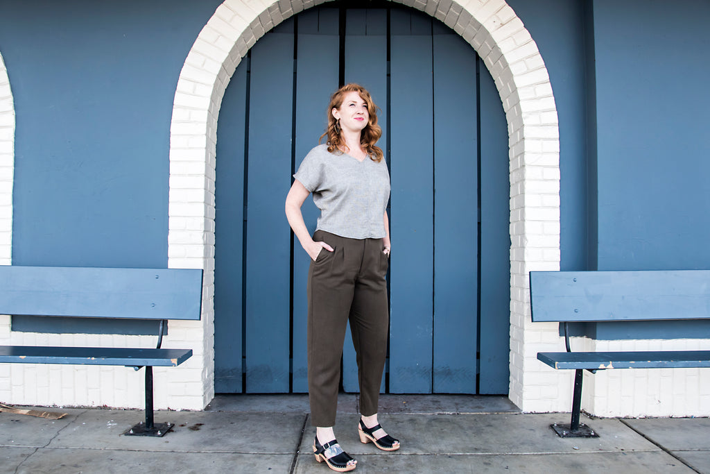 field day dolman top and green tencel pants on a red head 