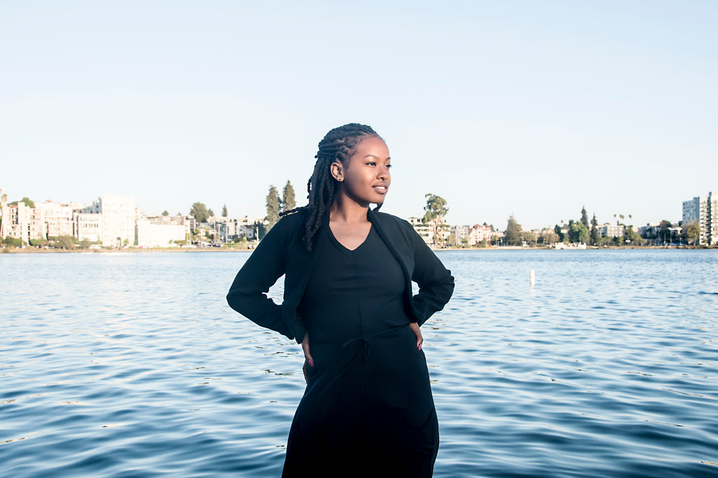 wool cropped jacket with black witch dress at the lake 