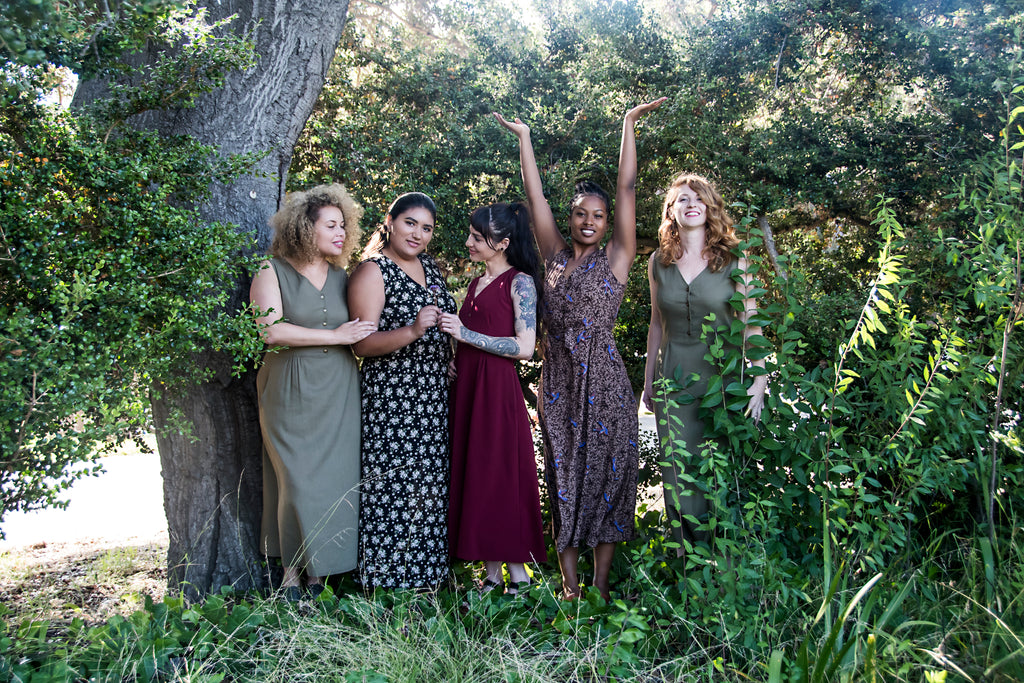 group wearing field day ever dress with floral prints and bright colors linen 