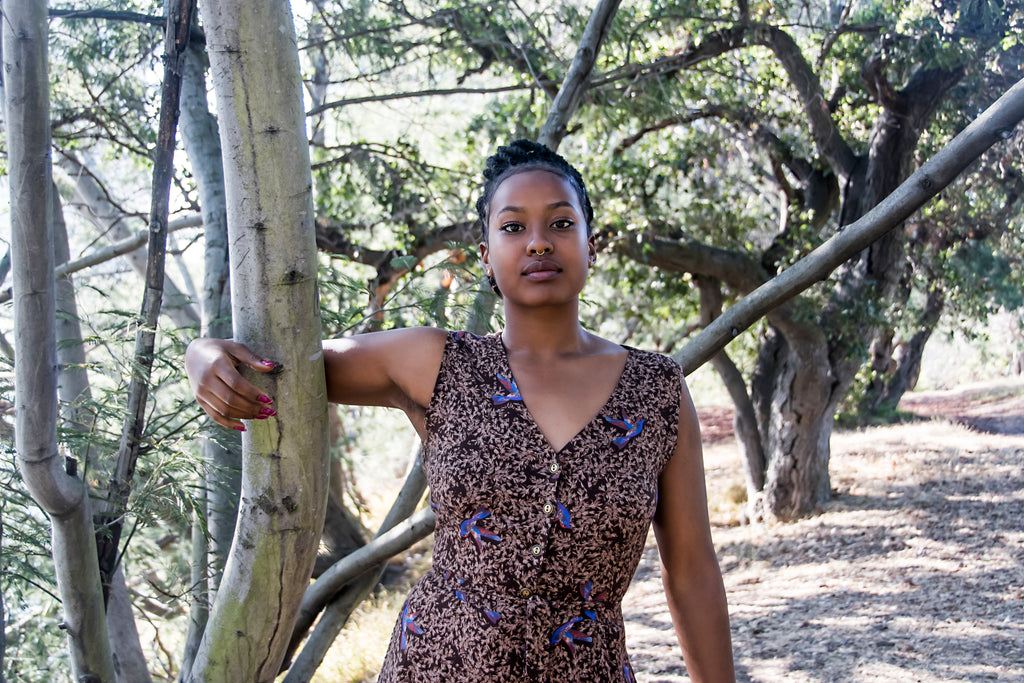 high waisted button up dress  with humming birds 