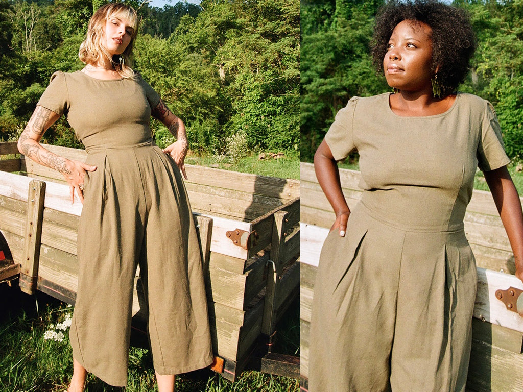 olive green verga jumpsuits on 2 different women 