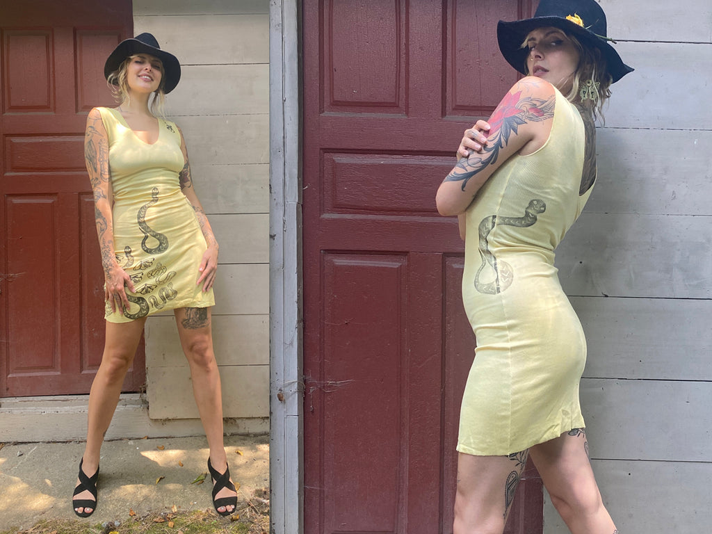 slinky snake dress dyed with marigold flowers 