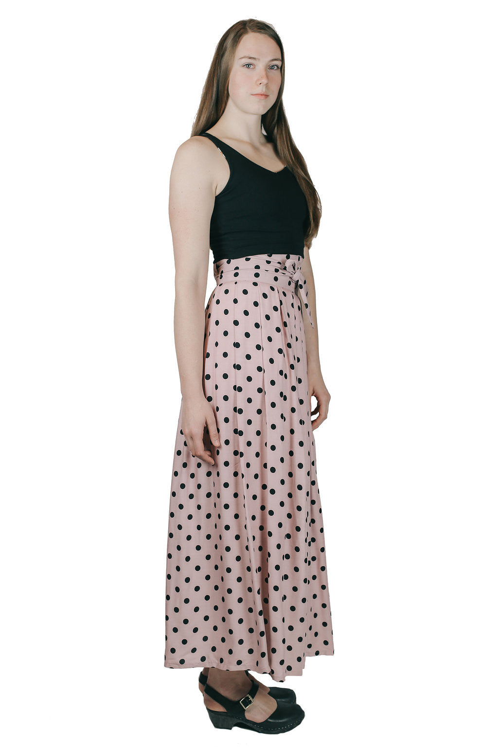 pink and black polka dot skirt