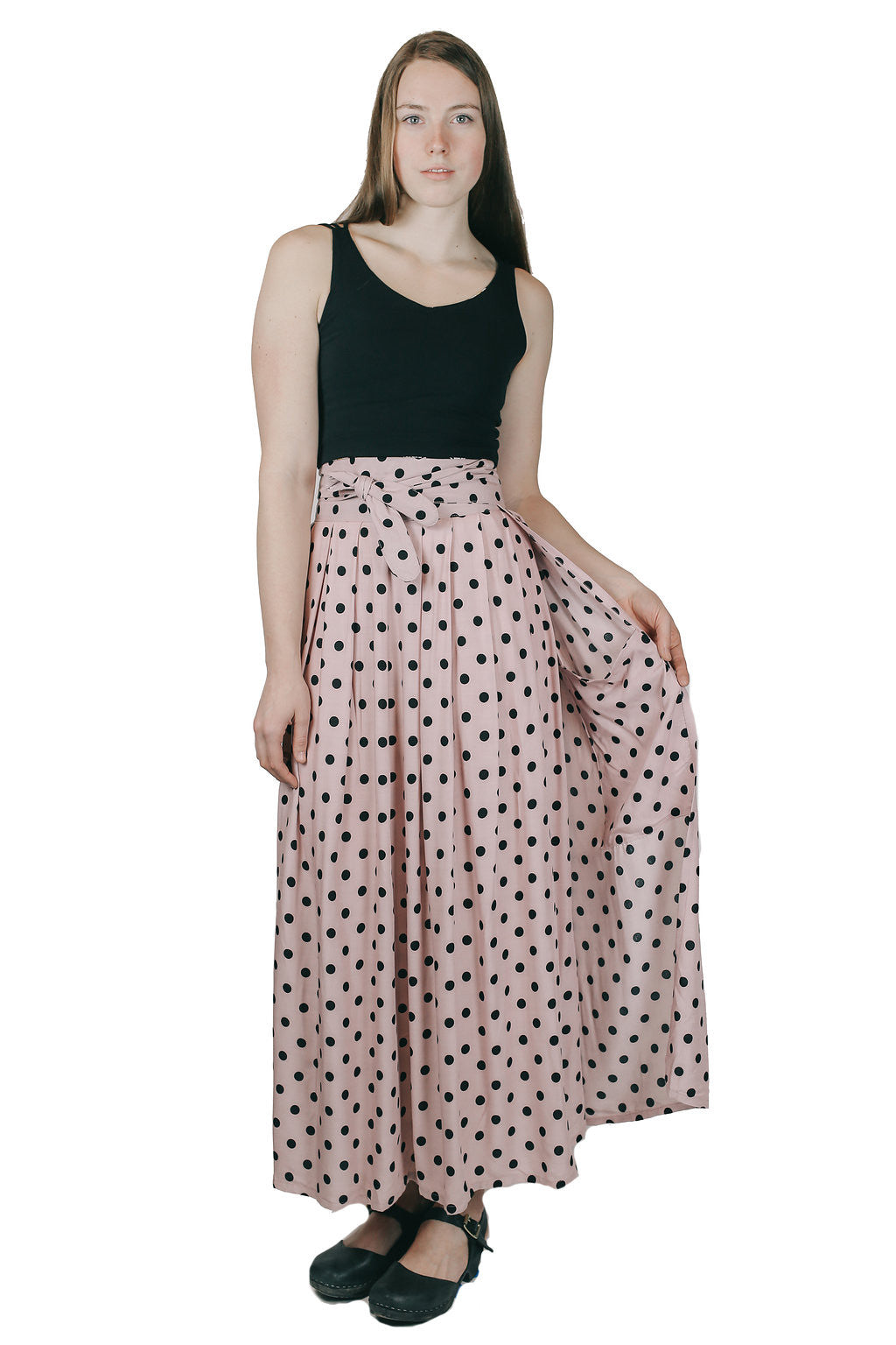 pink and black polka dot skirt