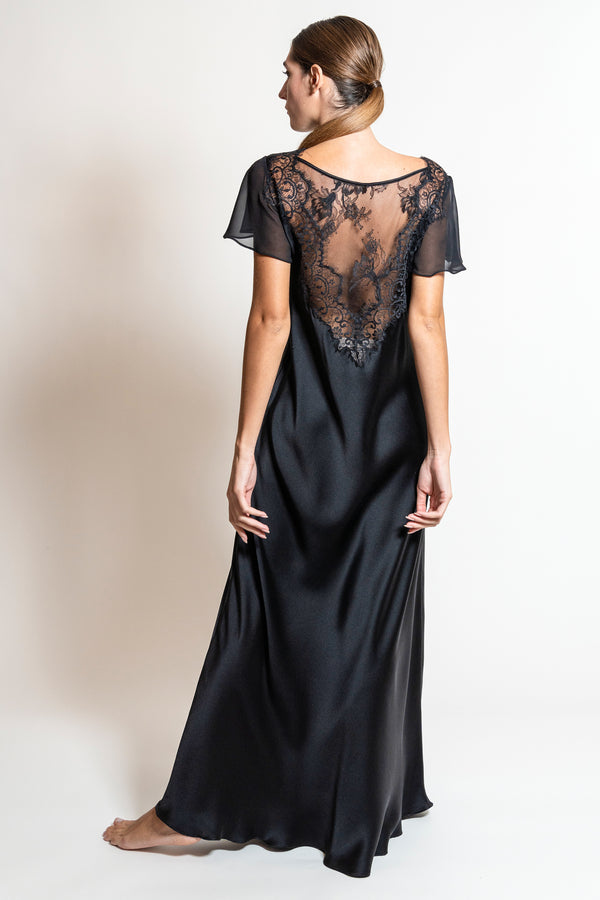 Black silk satin short nightgown with frastaglio