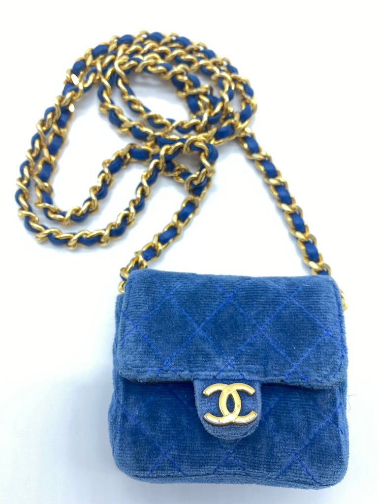 RARE CHANEL MICRO MINI CROSSBODY/SHOULDER BAG, quilted velvet with  interwoven leather and chain strap, front flap closure with leather  interior, 1989-91, 8cm x 7cm x 3cm.