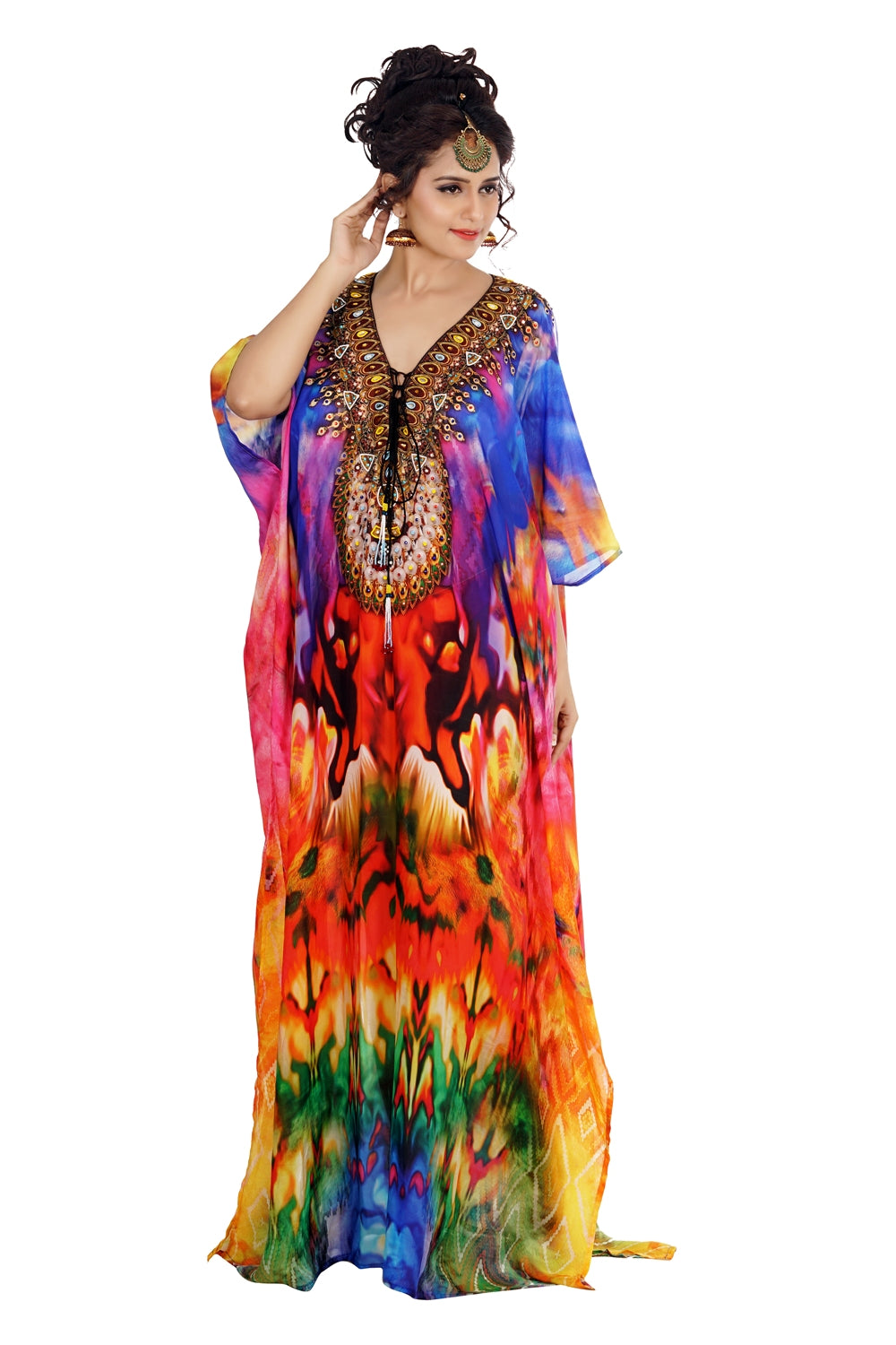 Long Multi Color Print Cloth Long Silk Kaftan Printed Silk Cloth For