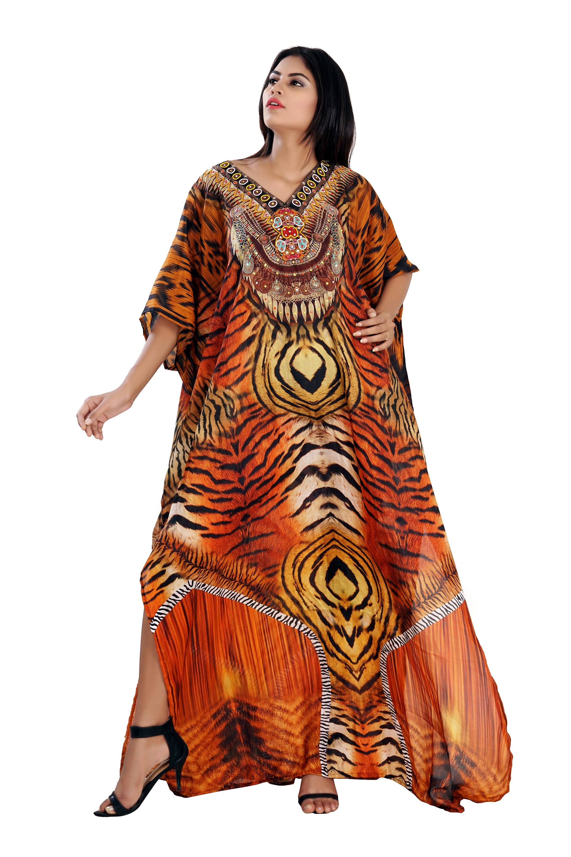 Silk kaftan Tiger print online one piece dress on sale/jeweled/hand ...
