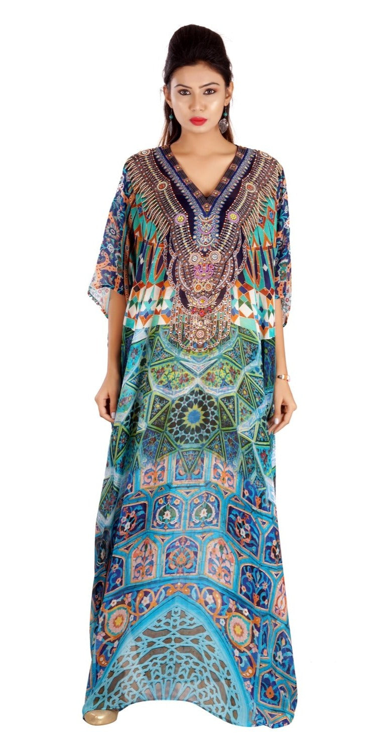 Long Silk Kaftan in Aqua Colours and Geometric patterns Plus size clot ...