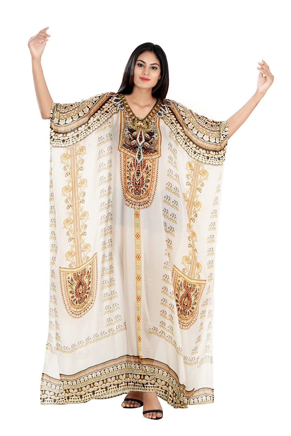 Exotic Artwork Of Baroque Print On Long Silk Kaftan Crafted In Boutique Style Silk Kaftan 