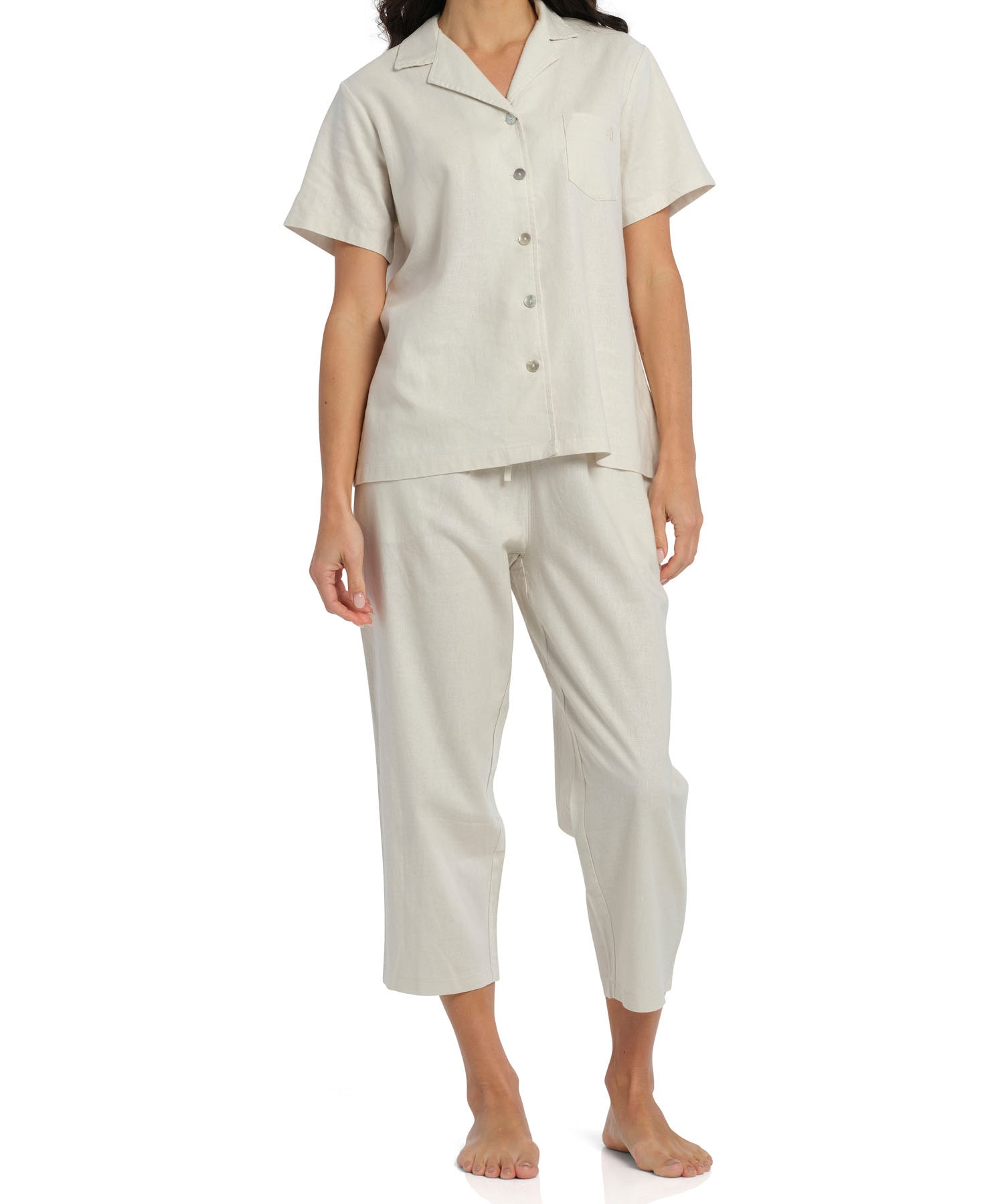 Women's Ivory Summer Linen Short Sleeve Pyjama Set with 7/8 Pant