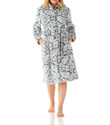 Damask Button Up Fleece Dressing Gown