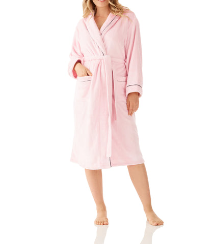 Pink Shawl Collar Fleece Dressing Gown with Piping