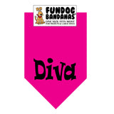 Hot Pink one size fits most dog bandana with Diva in black ink.