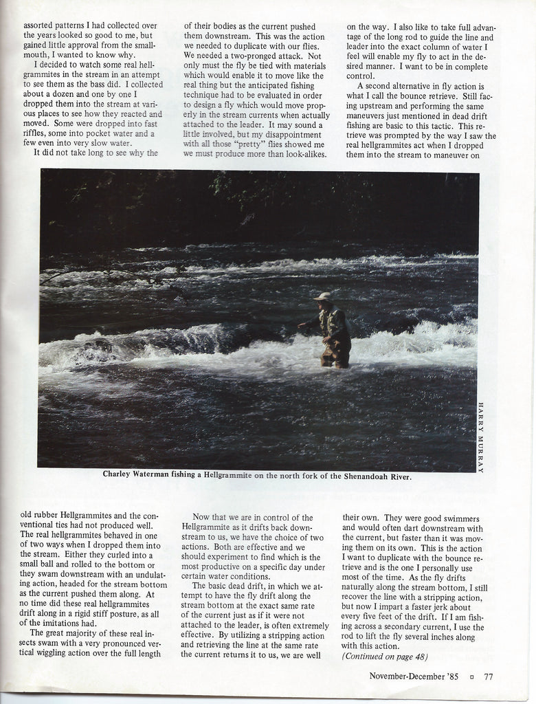 Murray's Hellgrammite article in Flyfish Magazine December 1985. Photograph of Charles F. Waterman smallmouth bass fishing on the North Fork of the Shenandoah near Edinburg, Virginia