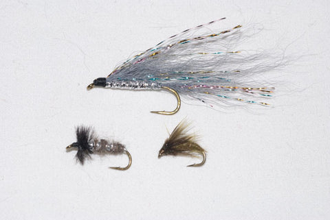 Shenandoah Silver Ghost Simple Streamer, Murray's Caddis Larva and Murray's Olive Magic Caddis Pupa. 