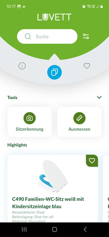 STartseite LUVETT WC-Sitz Finder App