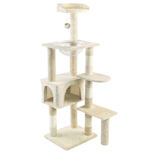 Arbre à Chat 138cm avec Griffoir Plateforme Niche et Capsule Spatiale beige - VOUNOT FR