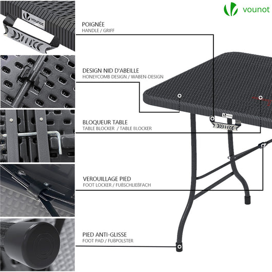 Vounot Table De Camping Pique Nique Pliable 180cm Hdpe Polyrotin Noire à  Prix Carrefour