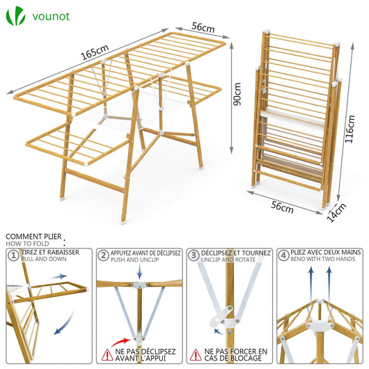 vounot Séchoir à Linge Pliant Étendoir à Linge Compact Séchoir Pré-assemblé  7 mètres d’Espace de Séchage Étendoir à Linge Intérieur et Extérieur