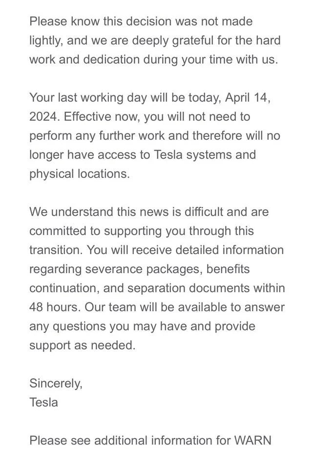 Tesla layoff email
