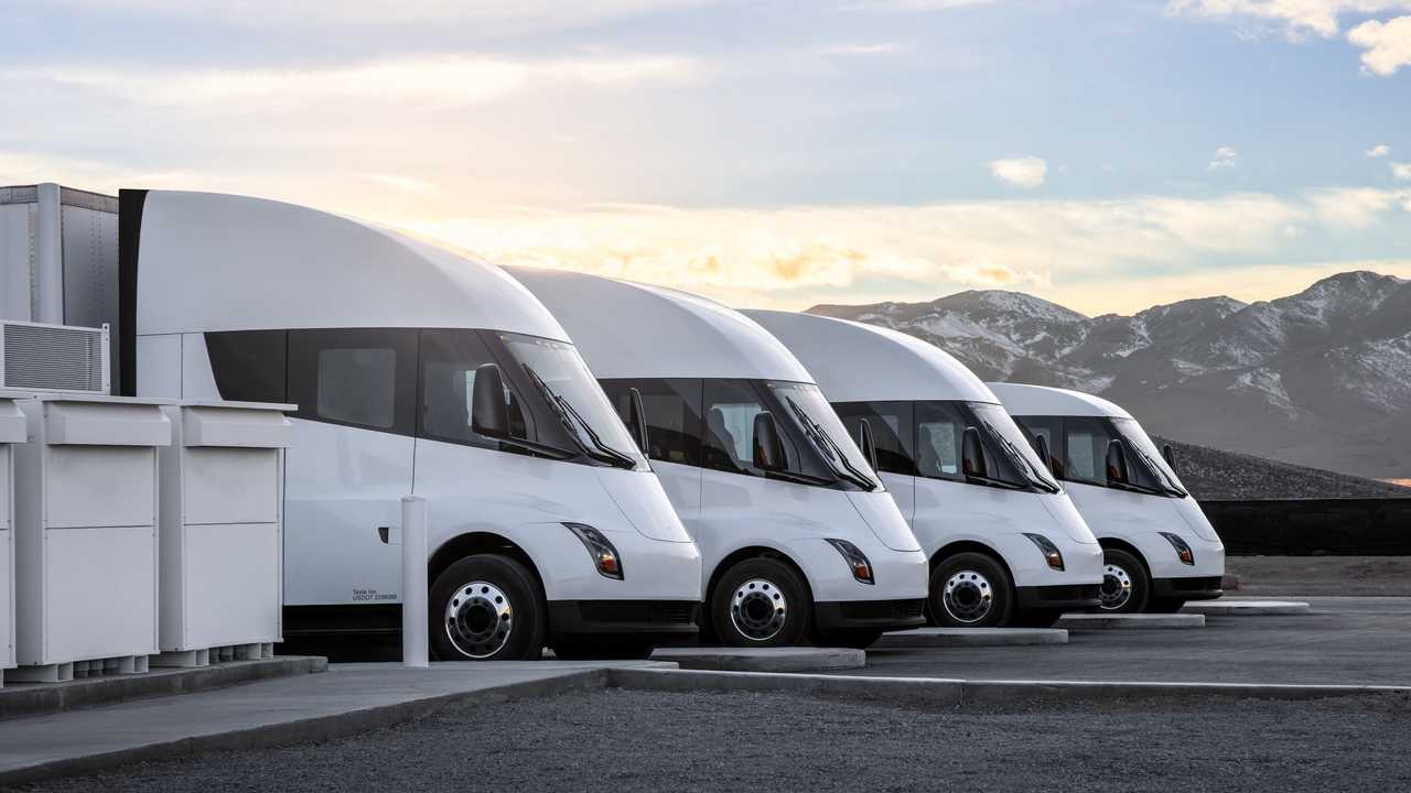 tesla semi trucks at a fast charging megacharging station at the gigafactory 1 in nevada