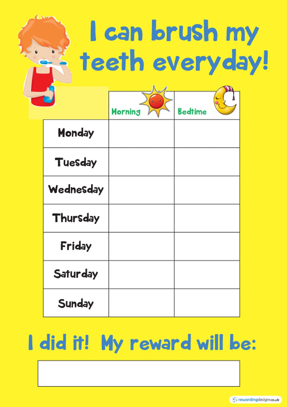 Tooth Teeth Brushing Kids A4 Reward Chart Rewarding Designs