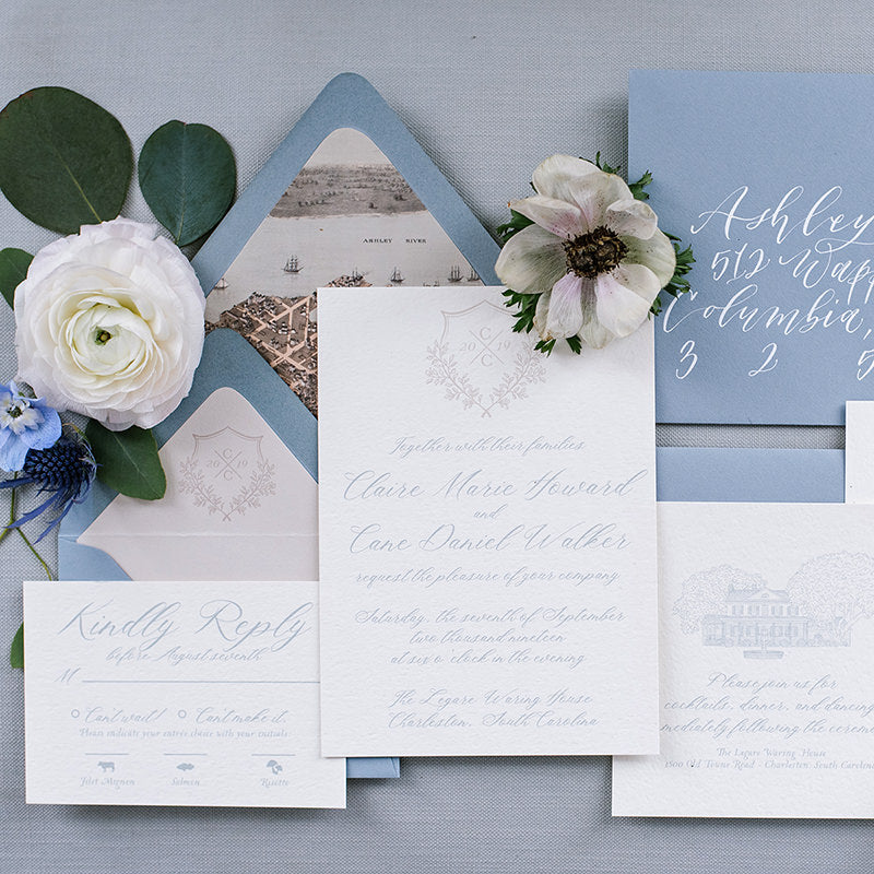 Classic Monogram Dusty Blue Watercolor Wedding Invitation