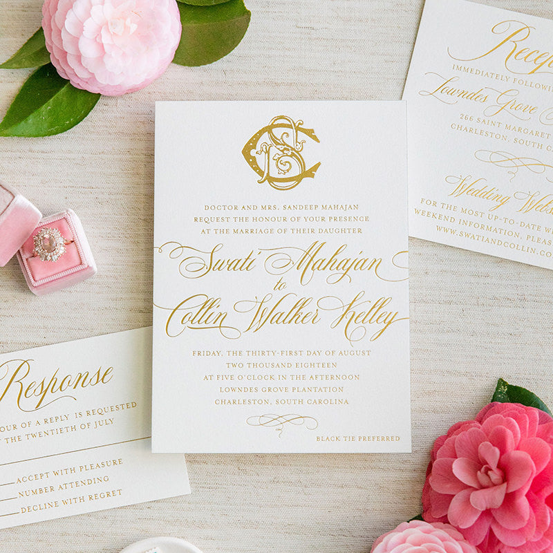 White Paper Invitation Card Box Featuring Gold Foil Stamped Custom Monogram