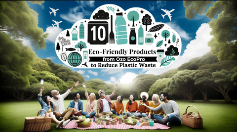 An outdoor scene featuring a diverse group of people enjoying a picnic on a grassy field, under a bright sky with airplanes. Above them is a white cloud-like shape containing various eco-friendly icons, including trees, animals, and sustainable products. The cloud prominently displays the number '10' and text that reads 'Eco-Friendly Products from Ozo EcoPro to Reduce Plastic Waste'. Surrounding the group are lush green trees and hills, signifying a natural environment