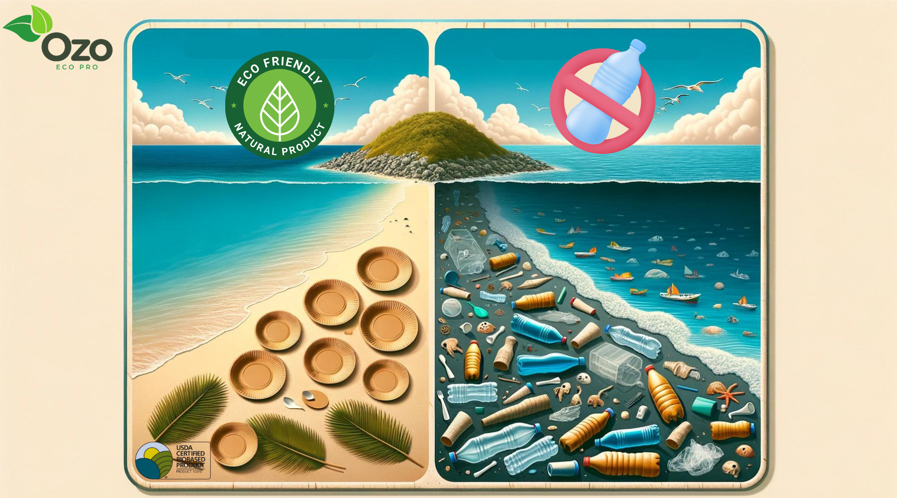 A split-screen image representing the contrast between eco-friendly practices and pollution. On the left, a pristine beach is shown with golden sand, lush palm leaves, and biodegradable items, such as wooden plates and cutlery, lying on the shore. Badges on the corners indicate 'Ozo Eco Pro' and 'USDA Certified Biobased Product'. Above the beach, the words 'Eco Friendly' and 'Natural Product' are enclosed within a green leaf badge. On the right side, the ocean is littered with various plastic wastes, including bottles, straws, and bags, showcasing the detrimental effects of plastic pollution. A symbol prohibiting plastic bottles is prominently displayed against the blue sky.