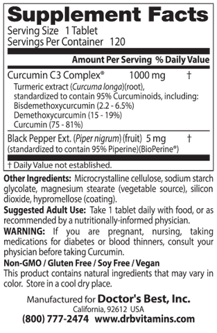 Curcumin C3 Complex with Bioperine 1000mg - 120 Tabs by Doctors Best