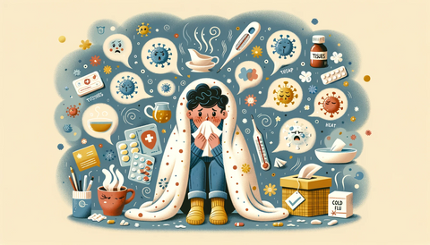 Illustration of a person wrapped in a warm blanket, sneezing into a tissue and surrounded by cold and flu remedies such as hot tea, medication, and a thermometer, with helpful tips on prevention and recovery displayed in text bubbles.