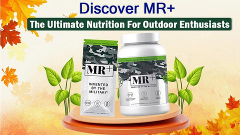 A jar and a single-dose package of MR+ supplement meal replacer prominently displayed, accompanied by the text 'Discover MR+: The Ultimate Nutrition for Outdoor Enthusiasts'.